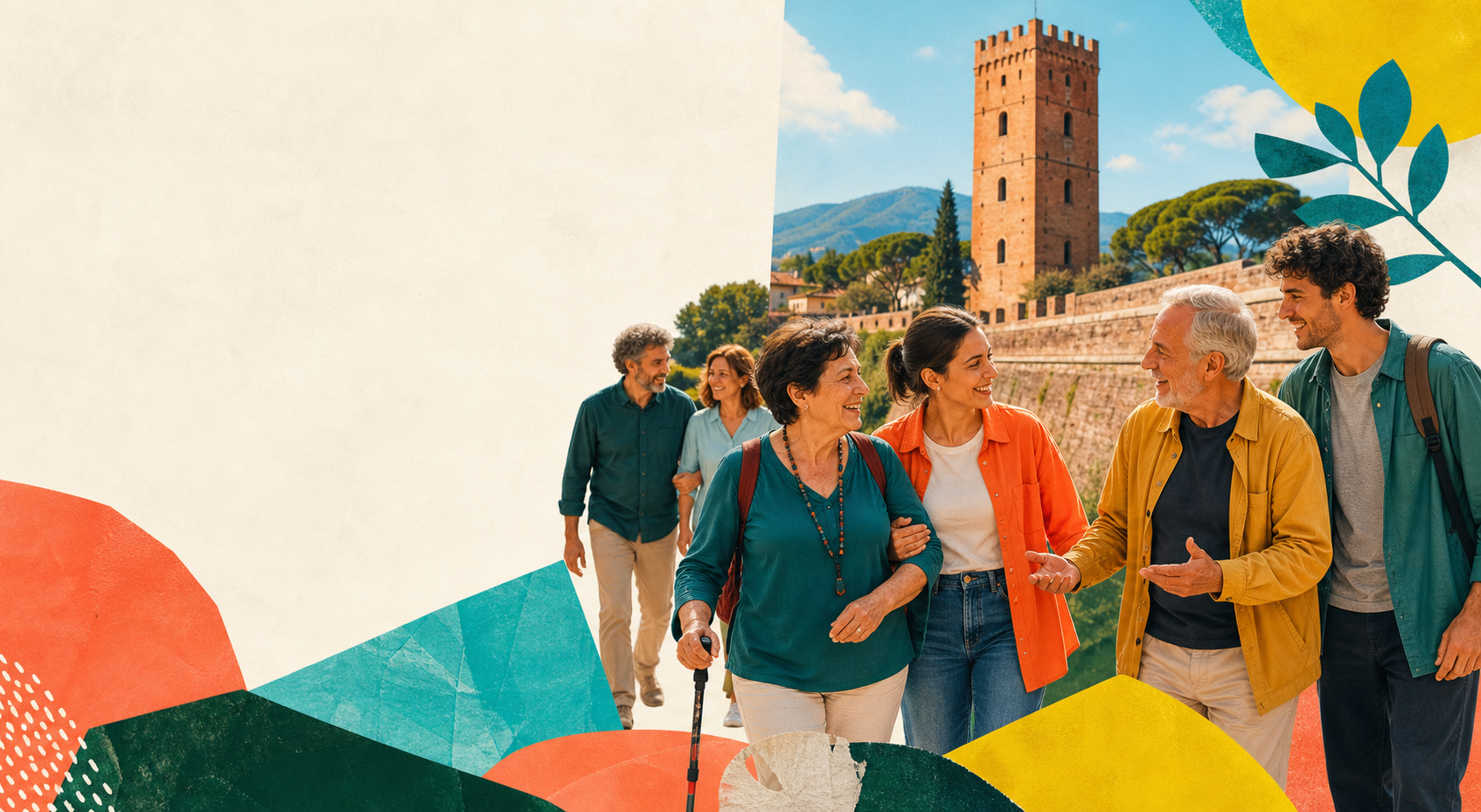 Un gruppo di persone cammina e conversa insieme sulle Mura di Lucca